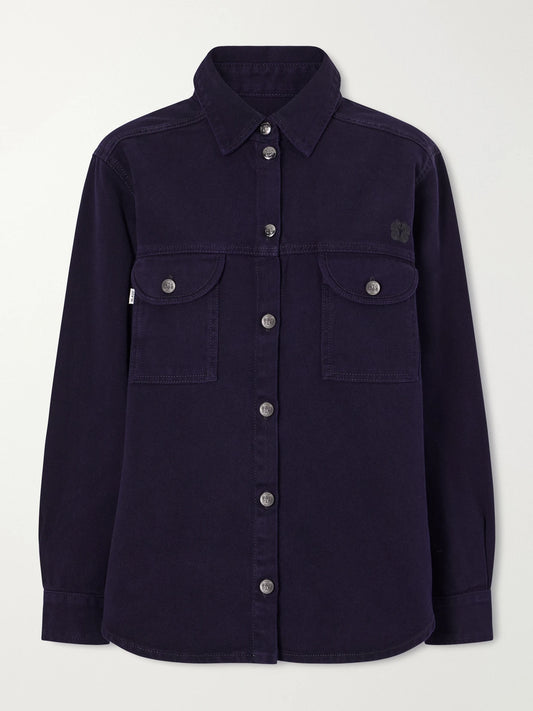 Image of a model wearing Tops. Product name - Berber Embroidered Denim Shirt in Navy colour by brand - BLAZÉ Milano