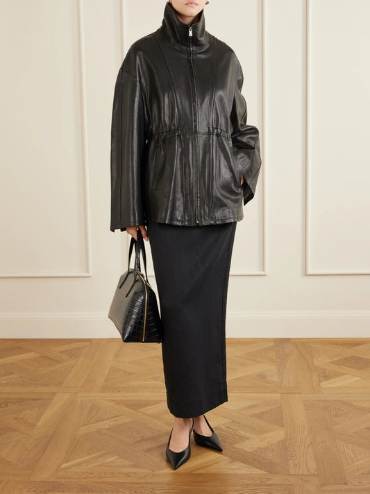 Image of Coats & Jackets. Product name - Passage Leather Jacket in Black colour by brand - Nour Hammour