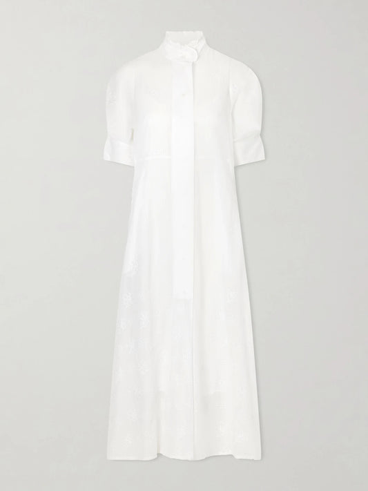 Image of Dresses. Product name - Venetia Ruffled Broderie Anglaise Cotton Midi Dress in Off-white colour by brand - Thierry Colson