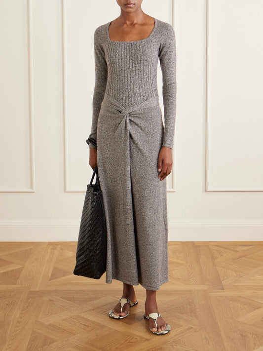 Image of a model wearing Outerwear. Product name - Marl Knitted Cashmere T-shirt in Brown colour by brand - The Elder Statesman