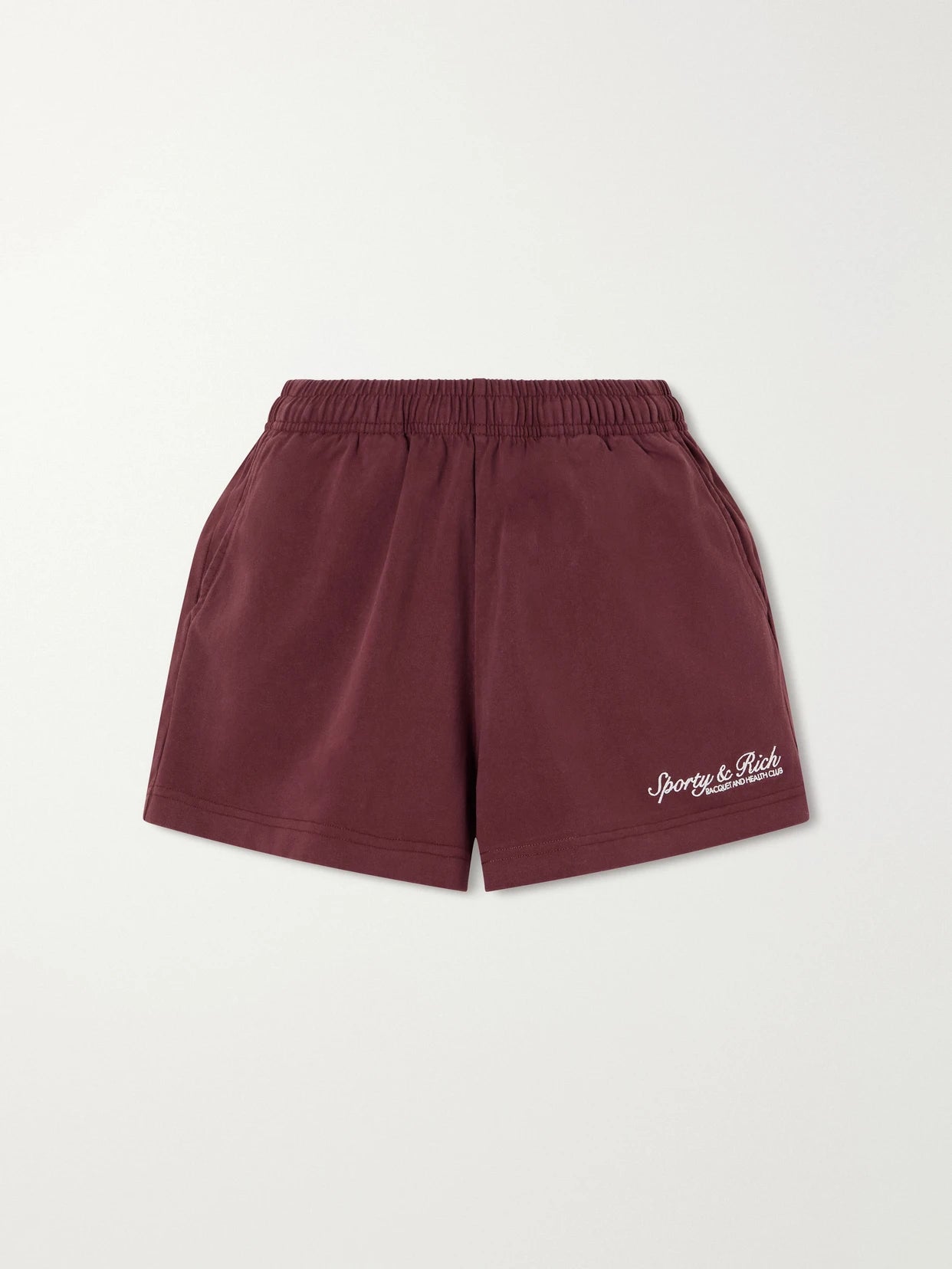 Image of Sleepwear & Loungewear. Product name - Syracuse Logo-embroidered Cotton-fleece Shorts in Burgundy colour by brand - Sporty & Rich