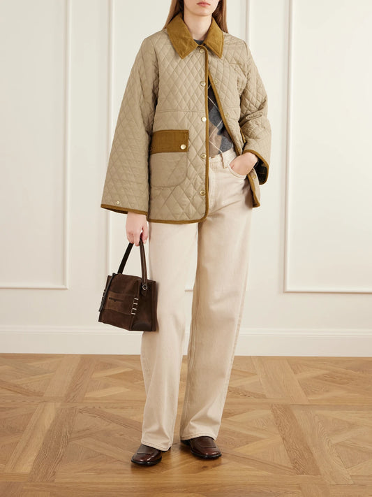 Image of Coats & Jackets. Product name - Corduroy-trimmed Logo-embroidered Quilted Shell Jacket in Beige colour by brand - Barbour