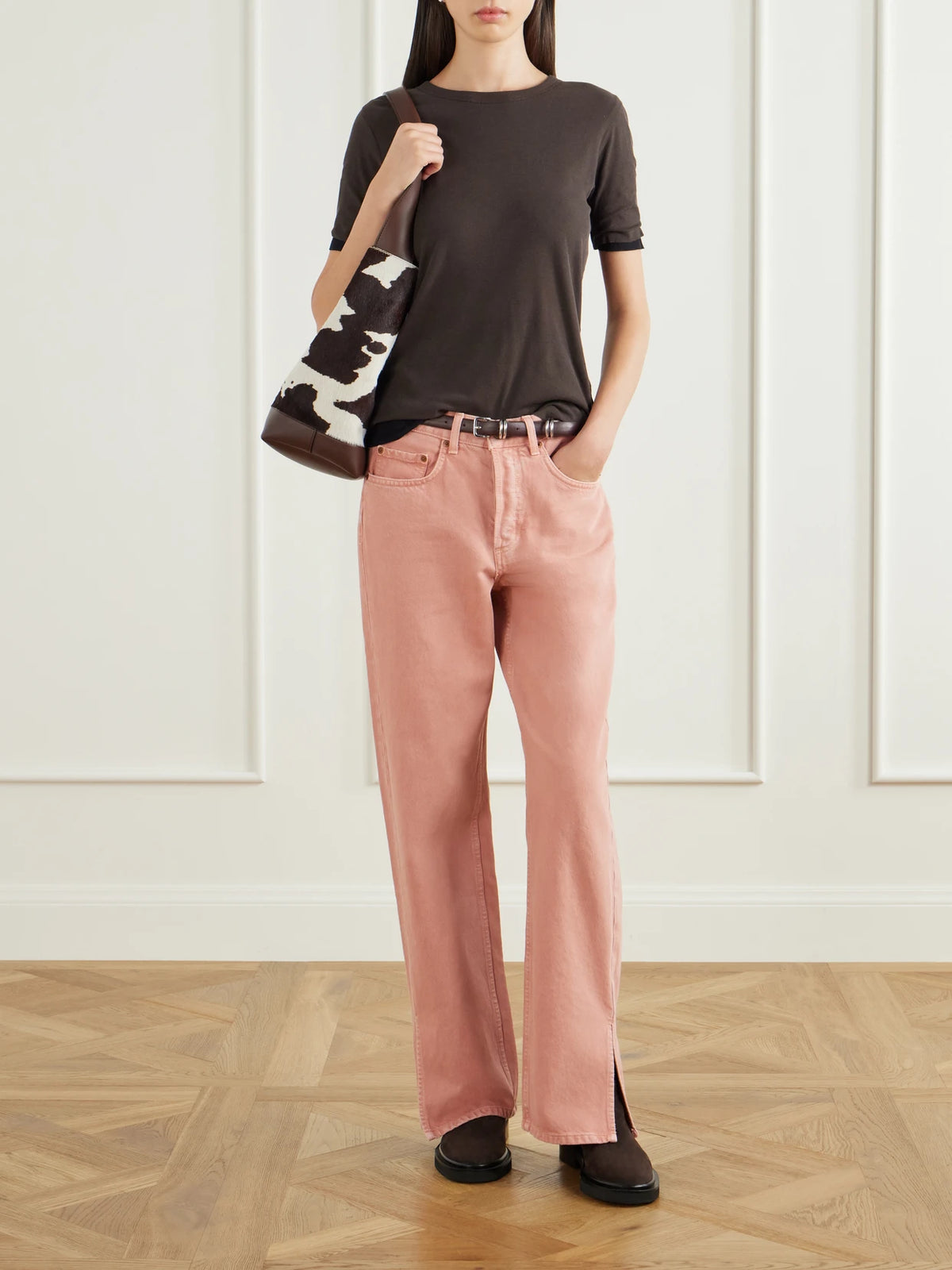 Image of Jeans. Product name - Charlot Split Hem Mid-rise Wide-leg Jeans in Pink colour by brand - B SIDES