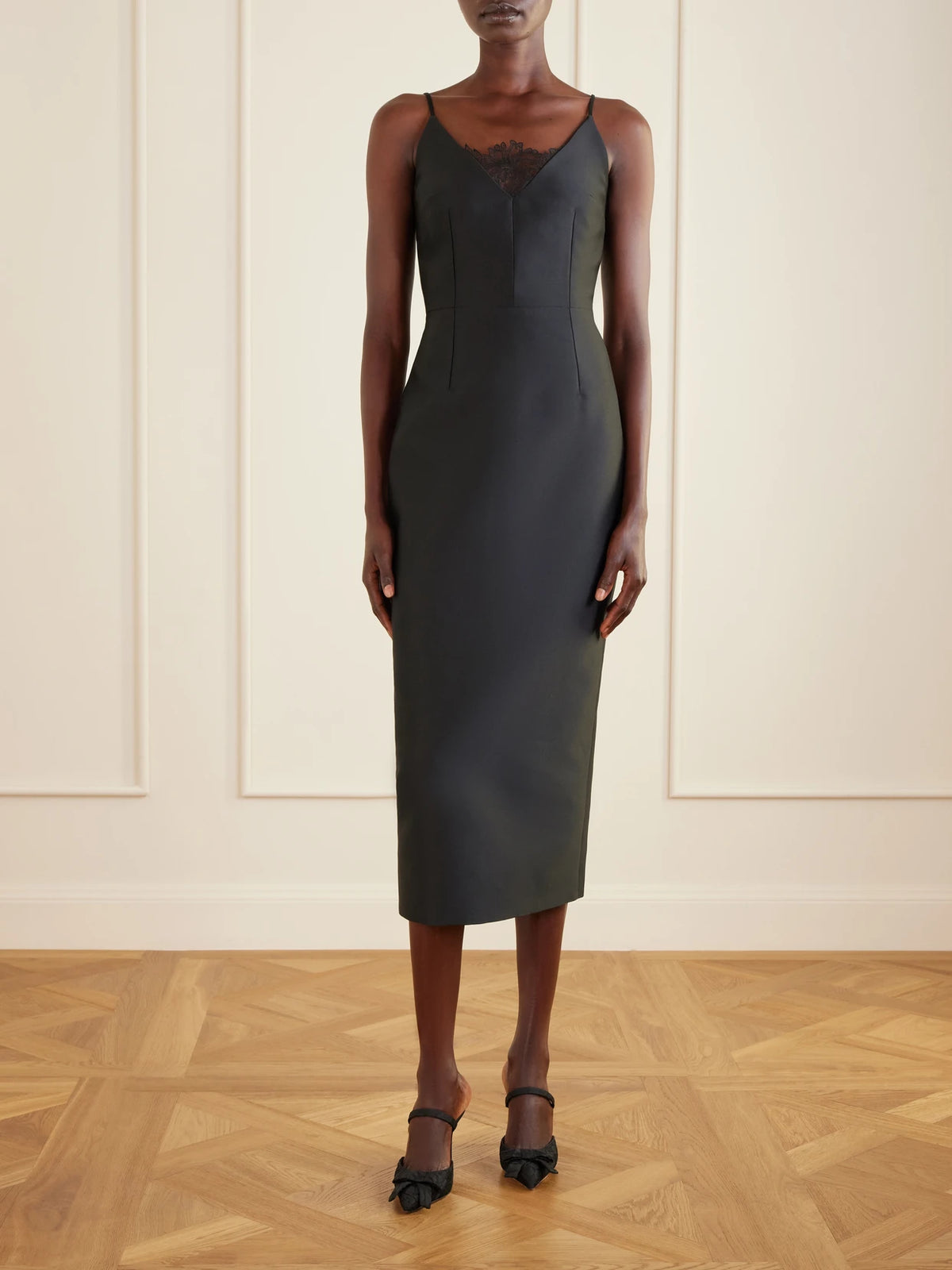 Image of Dresses. Product name - + Manolo Blahnik Libera Lace-trimmed Cady Midi Dress in Black colour by brand - Emilia Wickstead