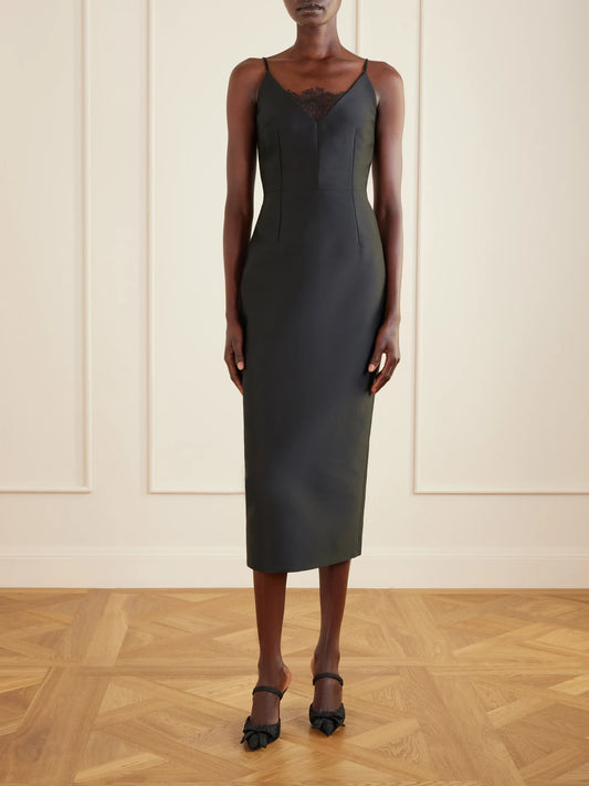 Image of Dresses. Product name - + Manolo Blahnik Libera Lace-trimmed Cady Midi Dress in Black colour by brand - Emilia Wickstead