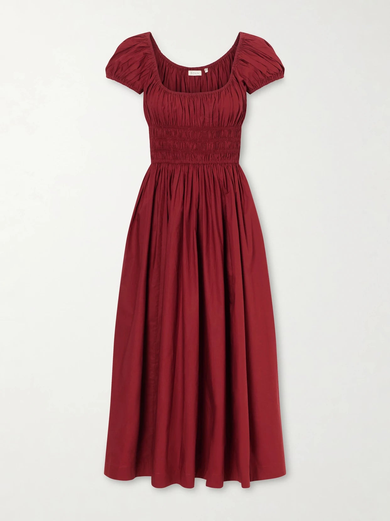 Image of Dresses. Product name - Quinley Shirred Organic Cotton-voile Midi Dress in Burgundy colour by brand - DÔEN