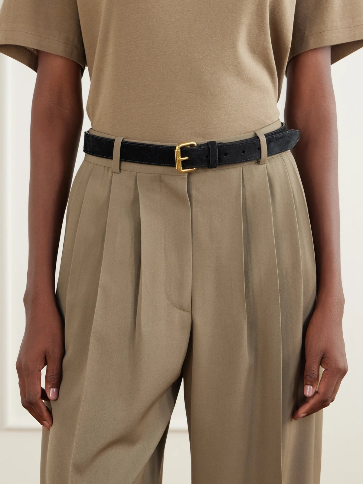 Image of Belts. Product name - Geo Suede Belt in Black, Dark brown colour by brand - The Row