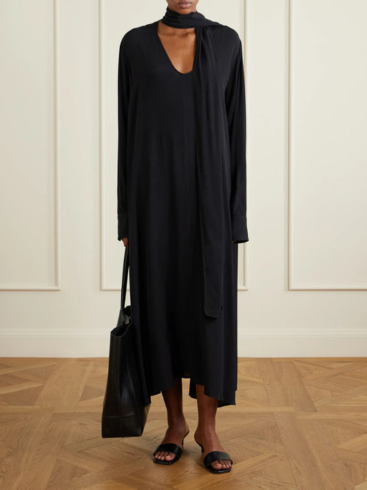 Image of Dresses. Product name - Tie-detailed Woven Maxi Dress in Black colour by brand - TOTEME