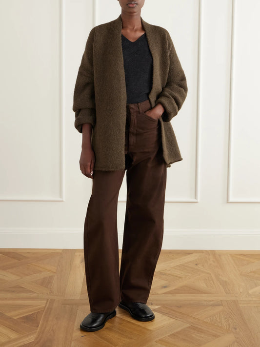 Image of a model wearing Outerwear. Product name - Coto Belted Alpaca-blend Cardigan in Dark green colour by brand - Lauren Manoogian