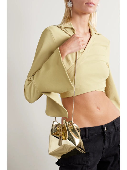 Image of Bags. Product name - Bon Bon Metallic Mirrored-leather Bucket Bag in Gold colour by brand - Jimmy Choo
