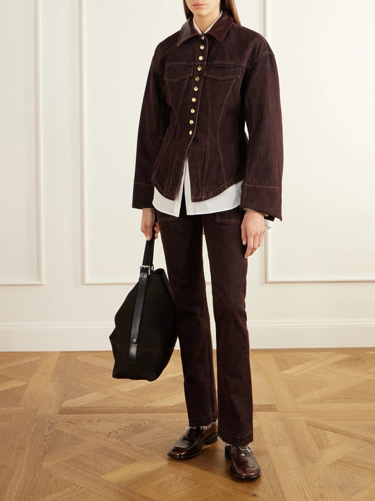 Image of Coats & Jackets. Product name - The Lennox Paneled Leather-trimmed Denim Jacket in Burgundy colour by brand - RÙADH
