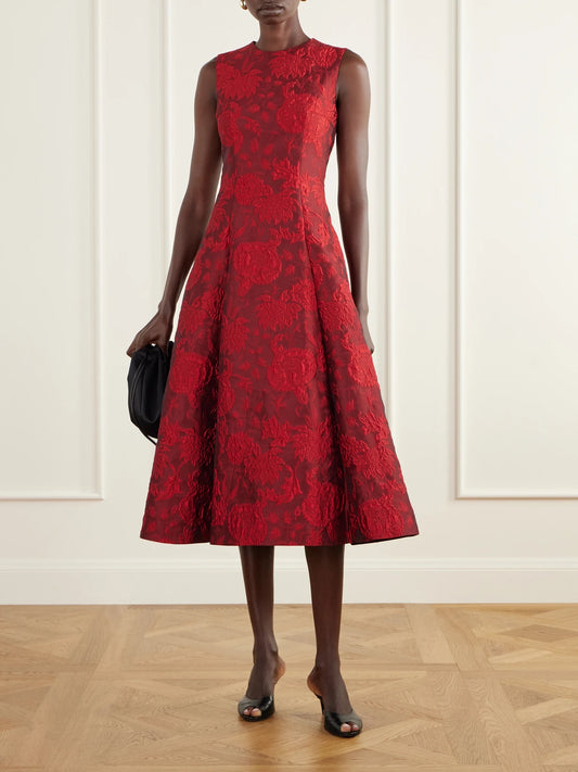 Image of Dresses. Product name - Mara Pleated Floral-cloqué Midi Dress in Burgundy colour by brand - Emilia Wickstead