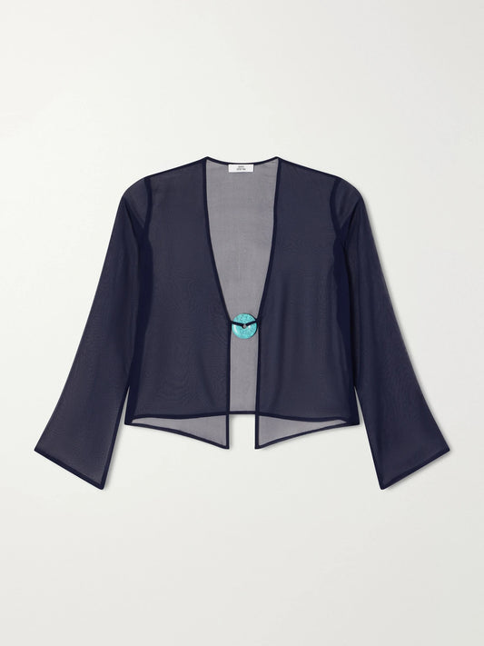 Image of Swimwear. Product name - Nerea Pearl-embellished Silk-chiffon Blouse in Navy colour by brand - Sara Cristina