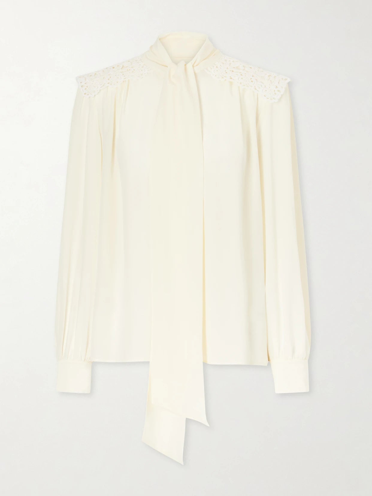 Image of a model wearing Tops. Product name - Pussy-bow Crochet-trimmed Silk Crepe De Chine Shirt in White colour by brand - Chloé