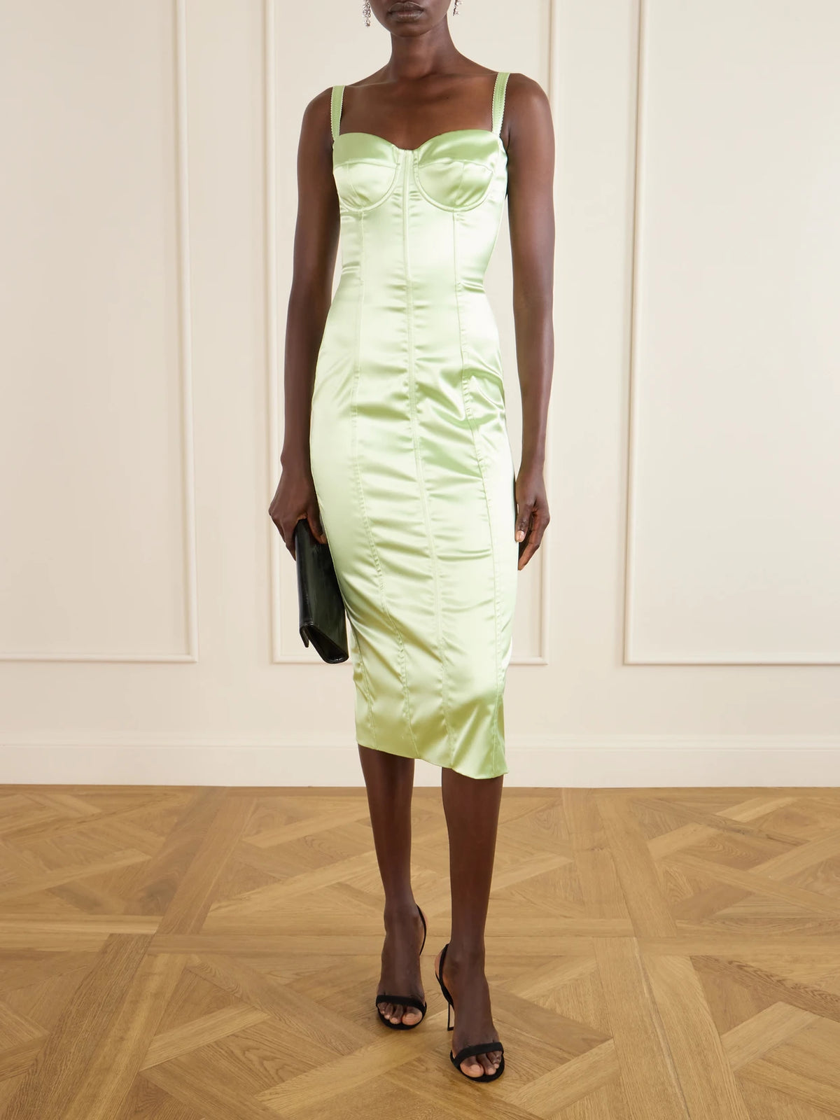 Image of Dresses. Product name - Satin Bustier Midi Dress in Light green colour by brand - Dolce & Gabbana