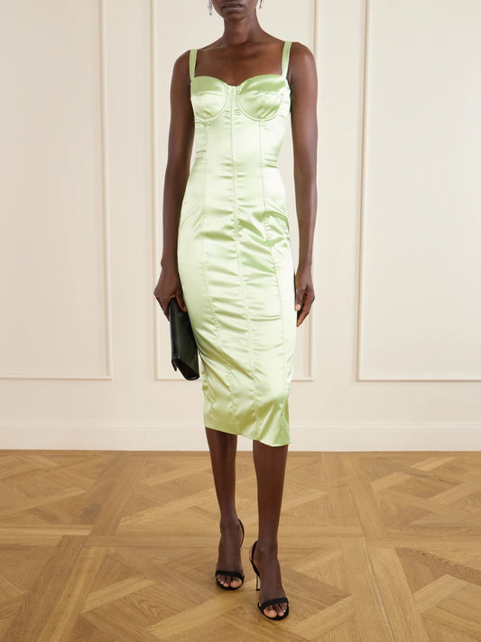 Image of Dresses. Product name - Satin Bustier Midi Dress in Light green colour by brand - Dolce & Gabbana