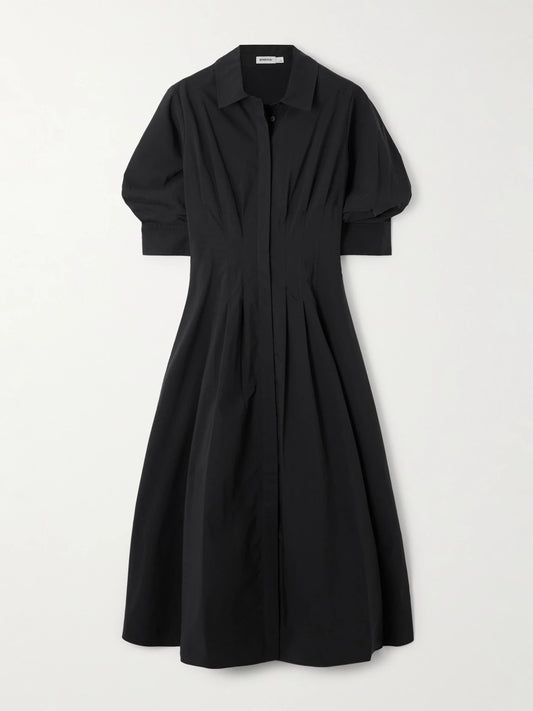 Image of Dresses. Product name - Jazz Pleated Cotton-blend Poplin Midi Shirt Dress in Black colour by brand - SIMKHAI