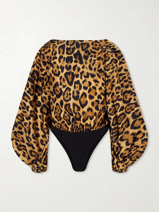 Image of a model wearing Tops. Product name - Leopard-print Shell Bodysuit in Leopard print colour by brand - Alaïa