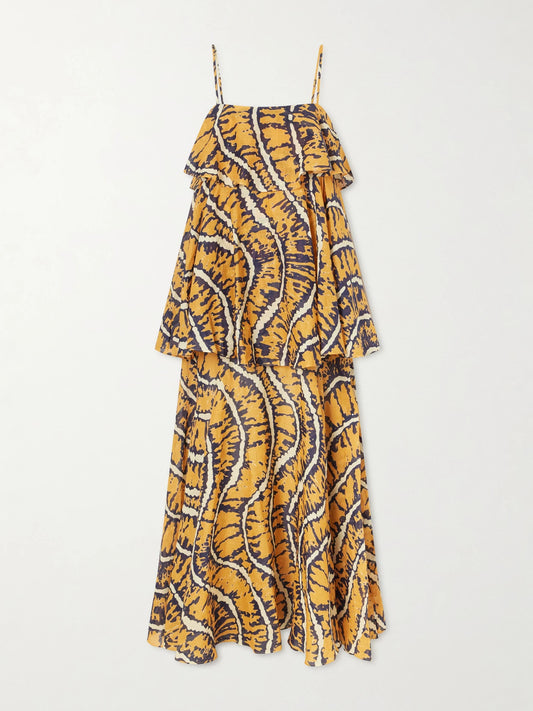 Image of Dresses. Product name - Ripple Tiered Printed Ramie Maxi Dress in Yellow colour by brand - ALÉMAIS