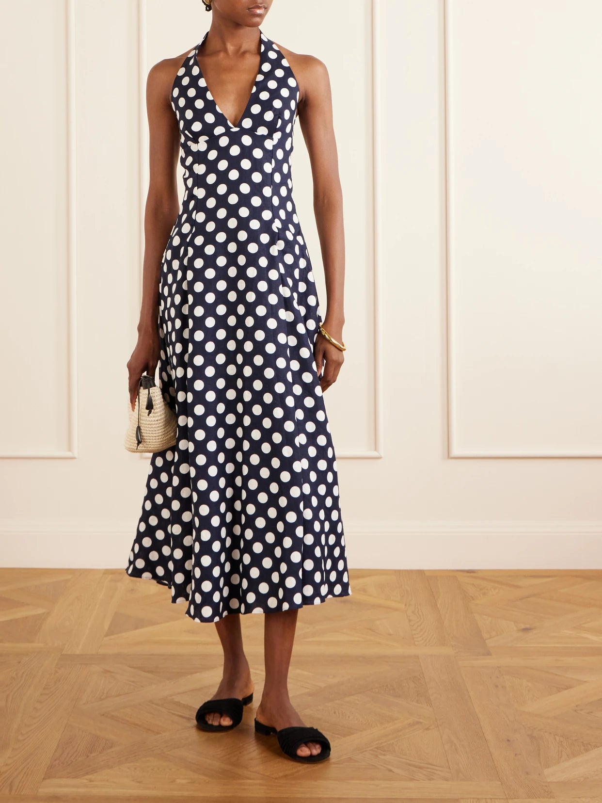 Image of Dresses. Product name - Murano Polka-dot Linen Halterneck Midi Dress in Navy colour by brand - Faithfull