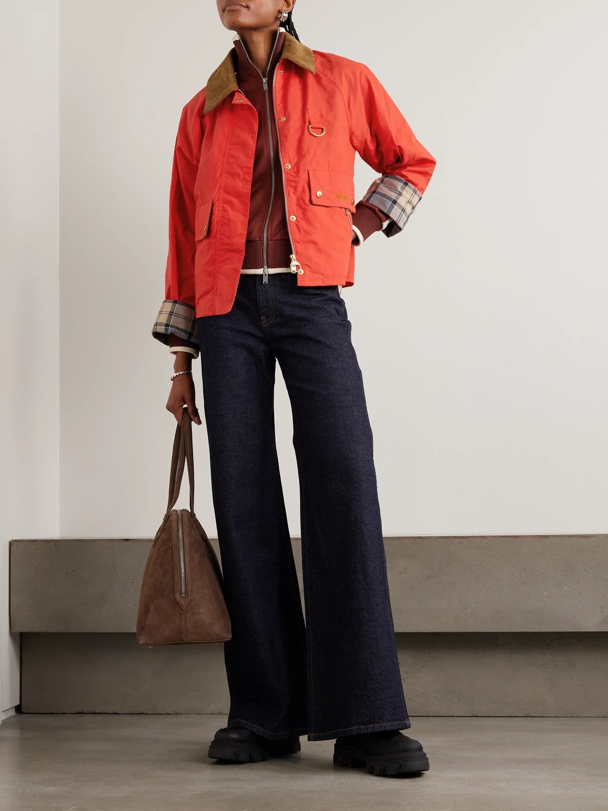 Image of Coats & Jackets. Product name - Mackworth Corduroy-trimmed Cropped Cotton Jacket in Red colour by brand - Barbour