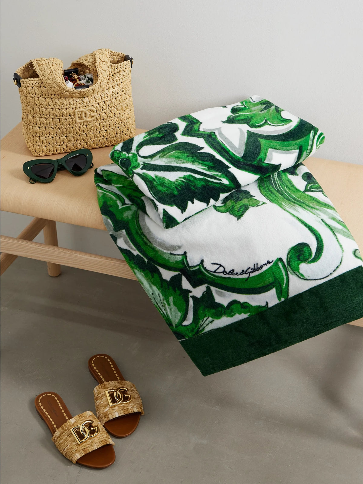 Image of Towels. Product name - Printed Cotton-terry Towel in Green colour by brand - Dolce & Gabbana
