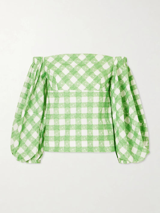 Image of Blouses. Product name - Empire Balloon Off-the-shoulder Checked Cotton Blouse in Green colour by brand - Rosie Assoulin