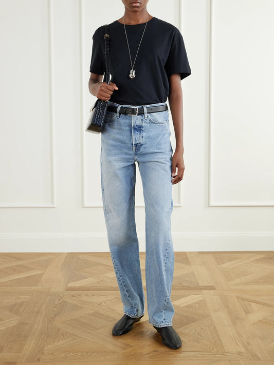 Image of Jeans. Product name - Mid-rise Straight-leg Organic Jeans in Light denim colour by brand - TOTEME
