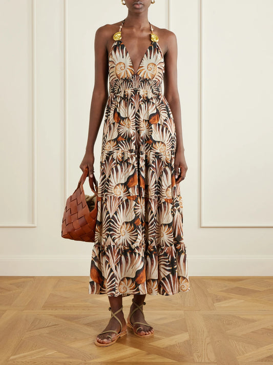 Image of Dresses. Product name - Embellished Printed Shirred Tiered Georgette Halterneck Midi Dress in Brown colour by brand - Farm Rio