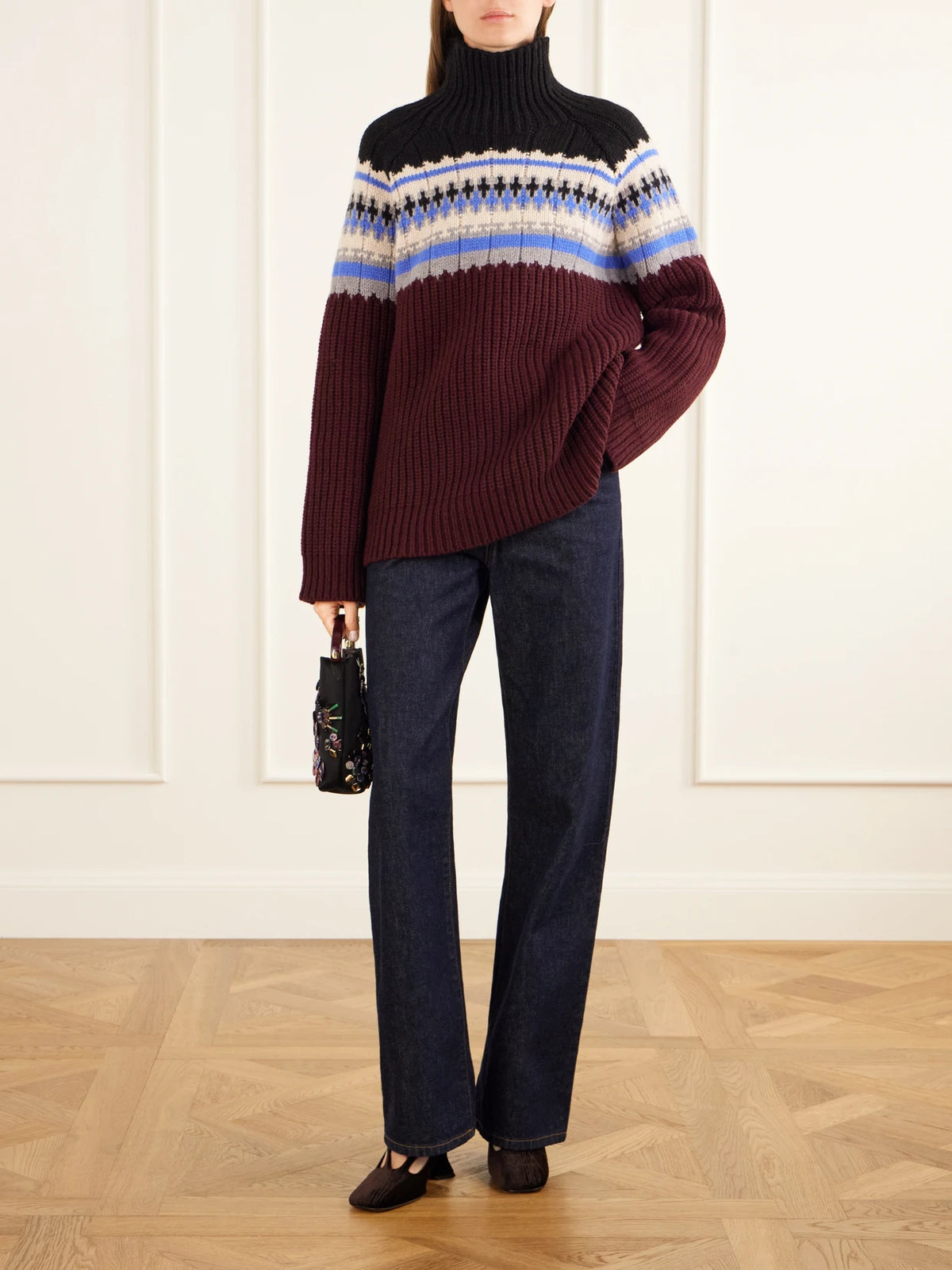 Image of a model wearing Outerwear. Product name - Fair Isle Wool And Cashmere-blend Turtleneck Sweater in Multi colour by brand - Dries Van Noten