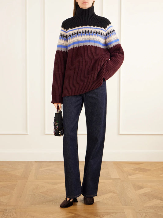 Image of a model wearing Outerwear. Product name - Fair Isle Wool And Cashmere-blend Turtleneck Sweater in Multi colour by brand - Dries Van Noten