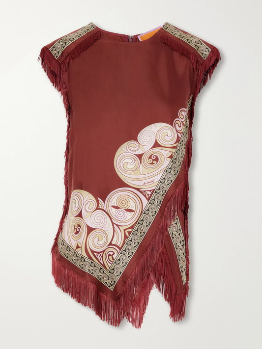 La DoubleJ Scarf Asymmetric Printed Fringe-trimmed Silk-twill Blouse