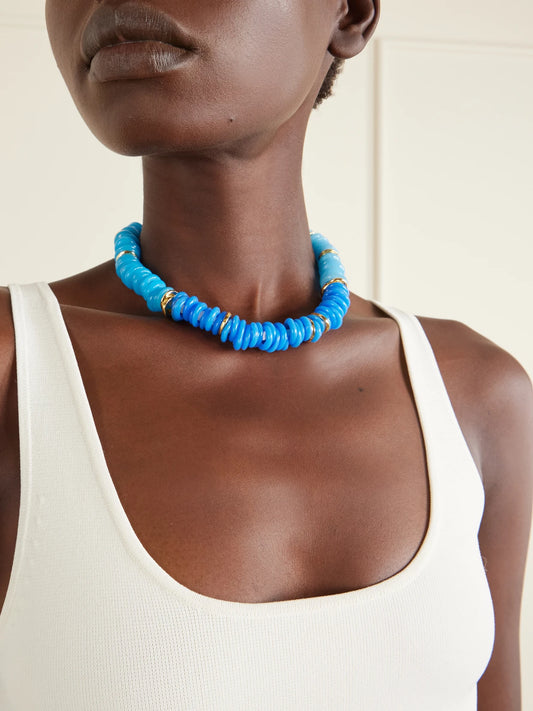 Image of Necklaces. Product name - Lita Gold-plated Quartz, Pearl And Cord Beaded Necklace in Blue colour by brand - Lizzie Fortunato