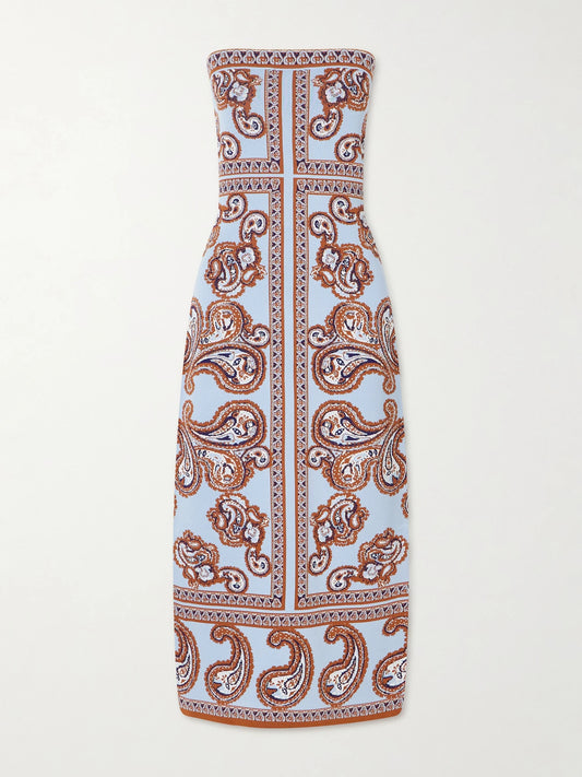 Image of Dresses. Product name - Rome Printed Strapless Midi Dress in Blue colour by brand - Cara Cara