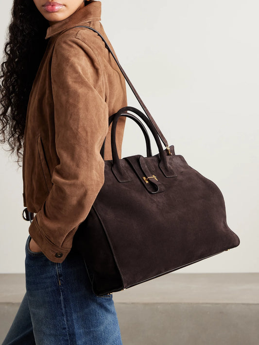 Image of Bags. Product name - Lou Suede Tote in Brown colour by brand - Nili Lotan