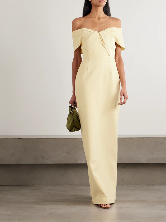 Image of Dresses. Product name - Aubriella Off-the-shoulder Satin-trimmed Crepe Gown in Yellow colour by brand - Rebecca Vallance