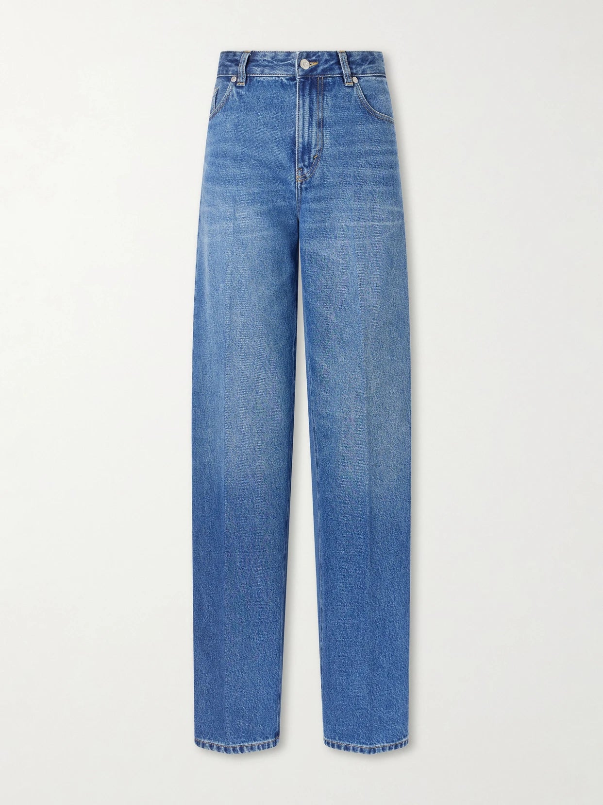 Image of Jeans. Product name - Leather-trimmed High-waist Wide-leg Jeans in Mid denim colour by brand - Victoria Beckham