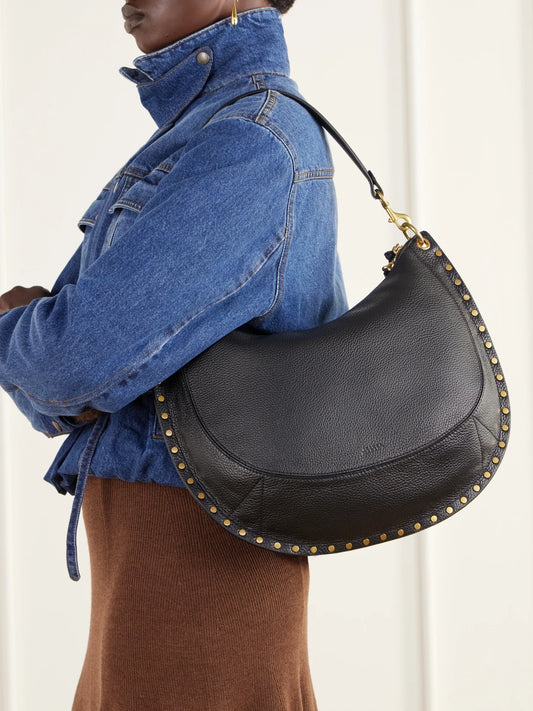 Image of Bags. Product name - Oskan Embellished Textured-leather Shoulder Bag in Black colour by brand - ISABEL MARANT
