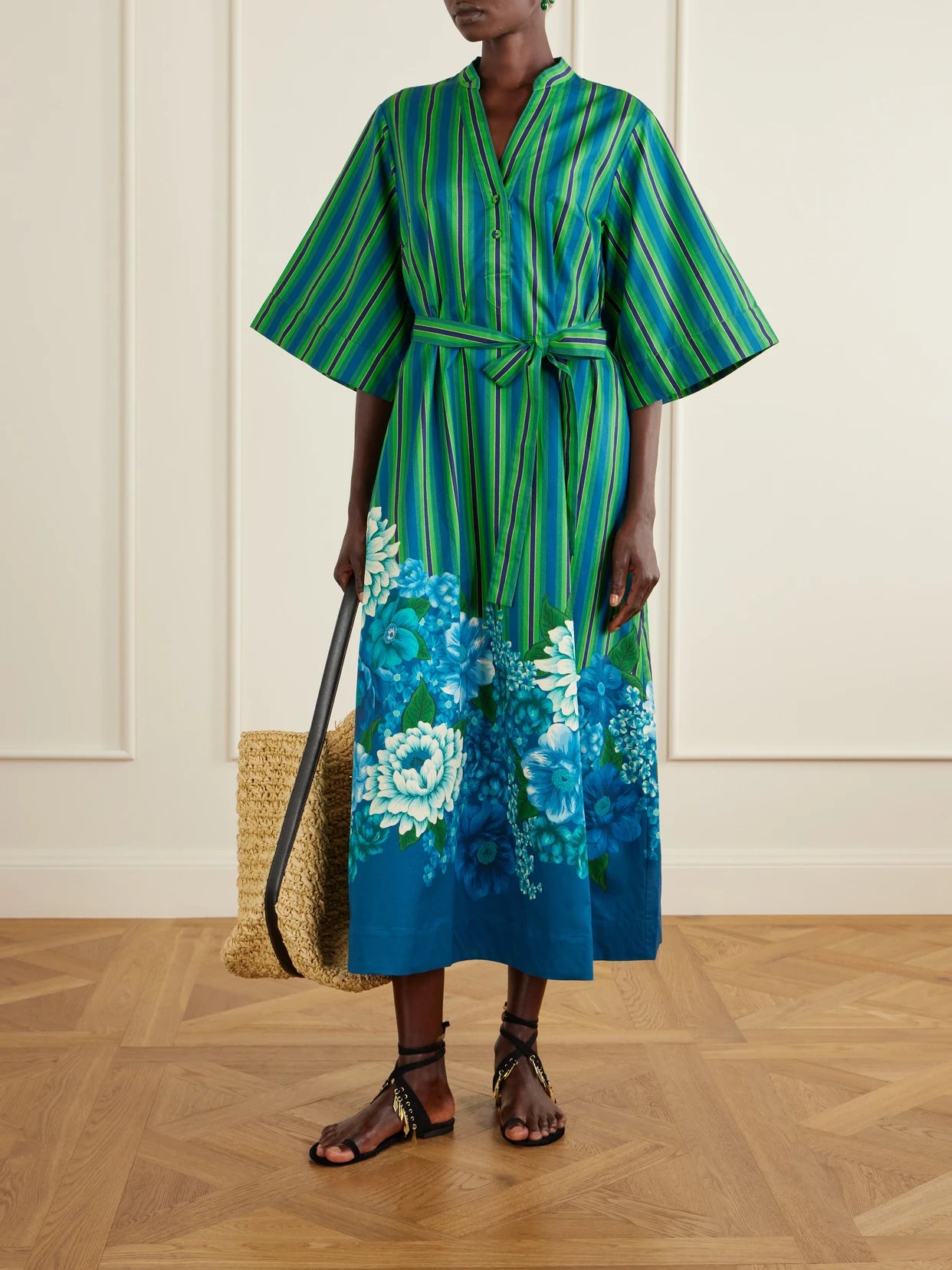 Image of Dresses. Product name - Margo Belted Striped Floral-print Organic Cotton-poplin Midi Dress in Multi colour by brand - ALÉMAIS