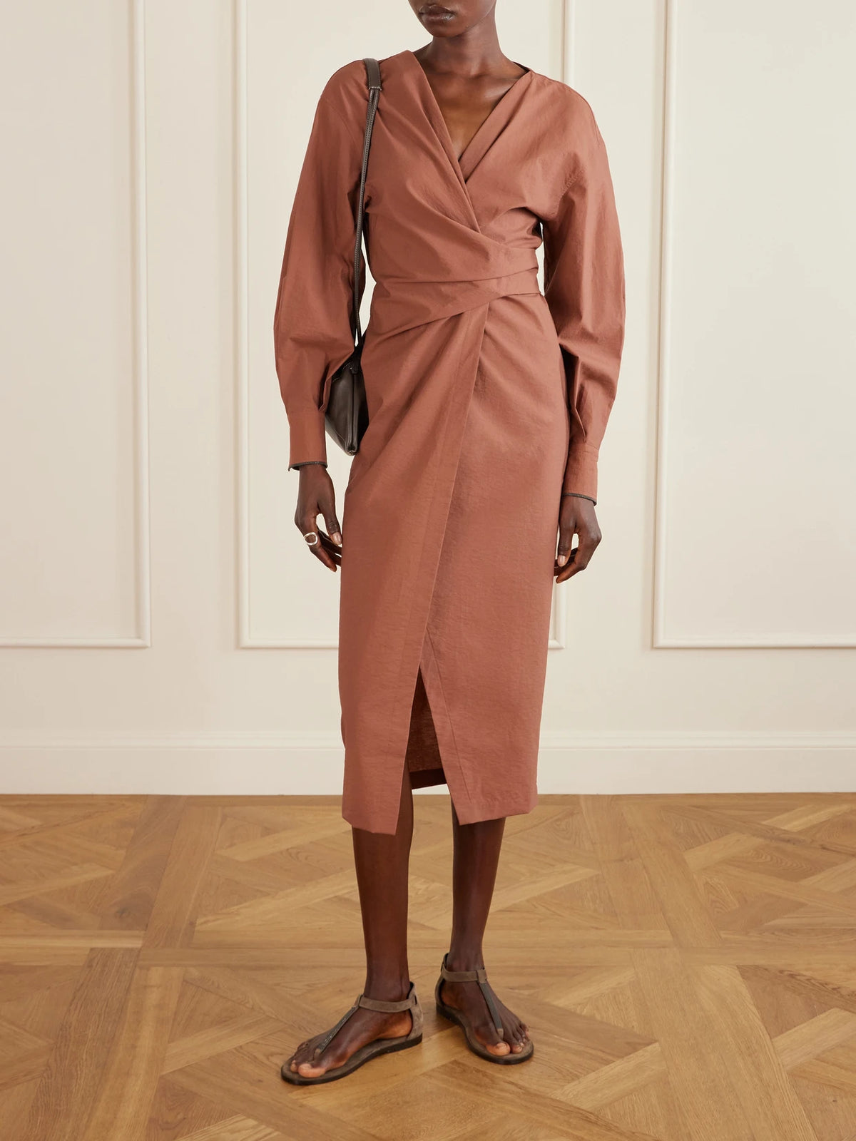 Image of Dresses. Product name - Embellished Cotton-blend Midi Wrap Dress in Red colour by brand - Brunello Cucinelli