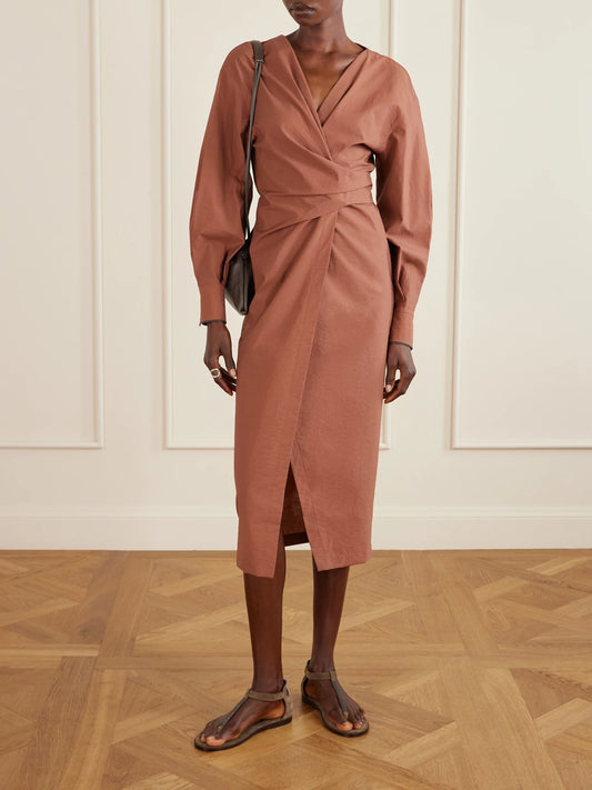 Image of Dresses. Product name - Embellished Cotton-blend Midi Wrap Dress in Red colour by brand - Brunello Cucinelli