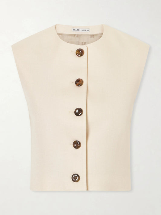 Image of Coats & Jackets. Product name - Danae Woven Vest in Beige colour by brand - BLAZÉ Milano