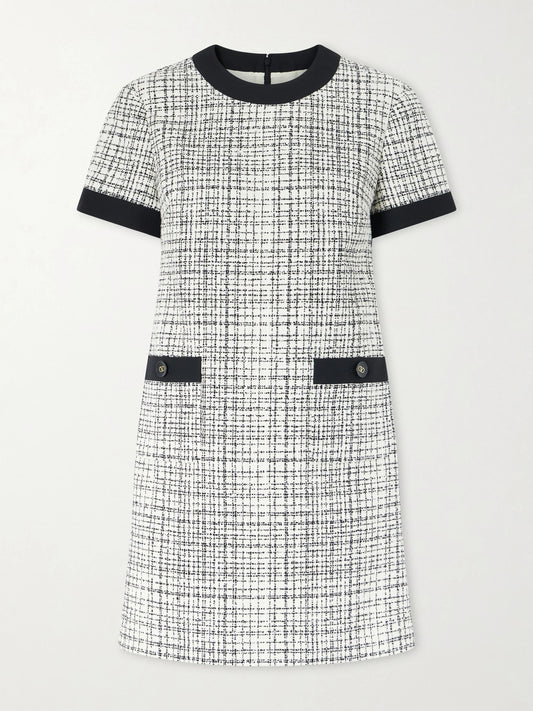 Image of Dresses. Product name - Checked Cotton-blend Tweed Mini Dress in Black colour by brand - Valentino Garavani