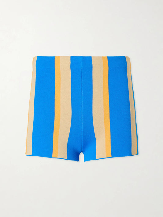 Image of a model wearing Shorts. Product name - + Da Adolfo Mare Striped-printed Cotton-jersey Shorts in Blue colour by brand - STAUD