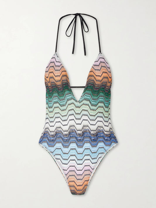 Image of Swimwear. Product name - Mare Striped Crochet-knit Halterneck Swimsuit in Blue colour by brand - Missoni