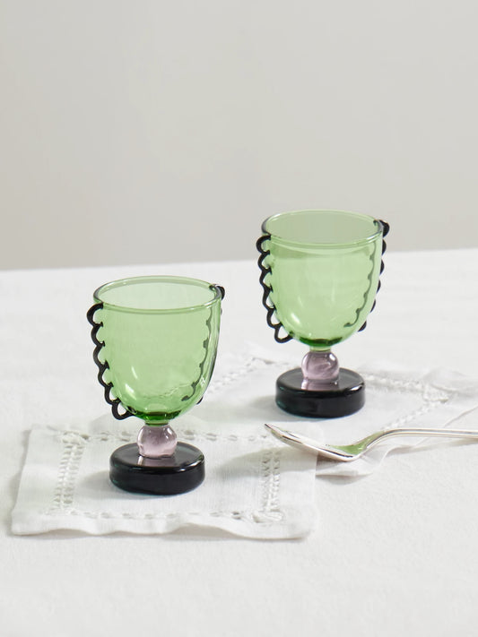 Image of Tableware. Product name - Coco Set Of Two Glass Egg Cups in Green colour by brand - Sophie Lou Jacobsen