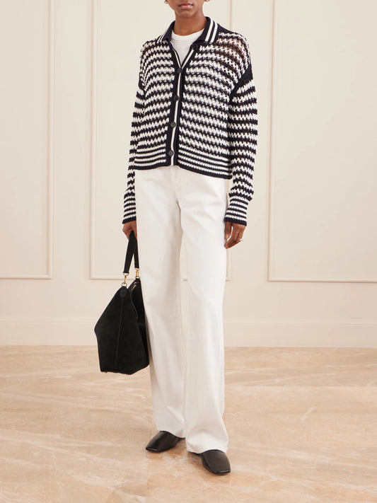 Image of a model wearing Outerwear. Product name - Striped Crocheted Cotton Cardigan in Black colour by brand - Max Mara