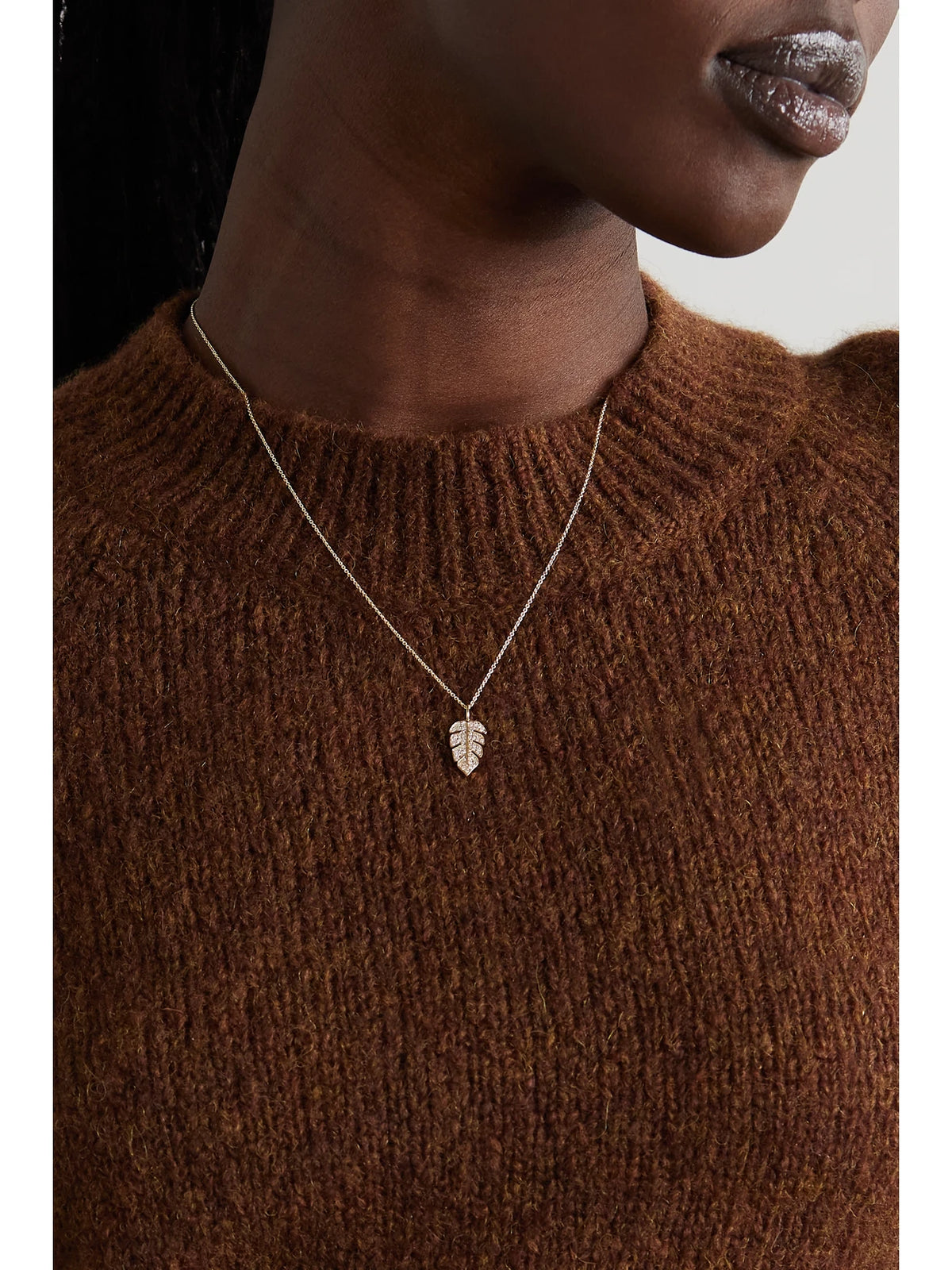 Image of Necklaces. Product name - Large Monstera Leaf 14-karat Gold Diamond Necklace in Multi colour by brand - Sydney Evan