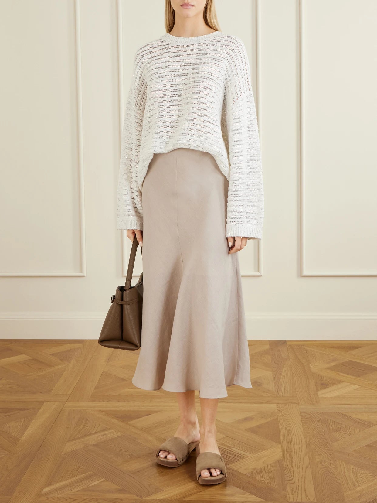 Image of a model wearing Outerwear. Product name - Open Linen-blend Knit Sweater in White colour by brand - Brunello Cucinelli