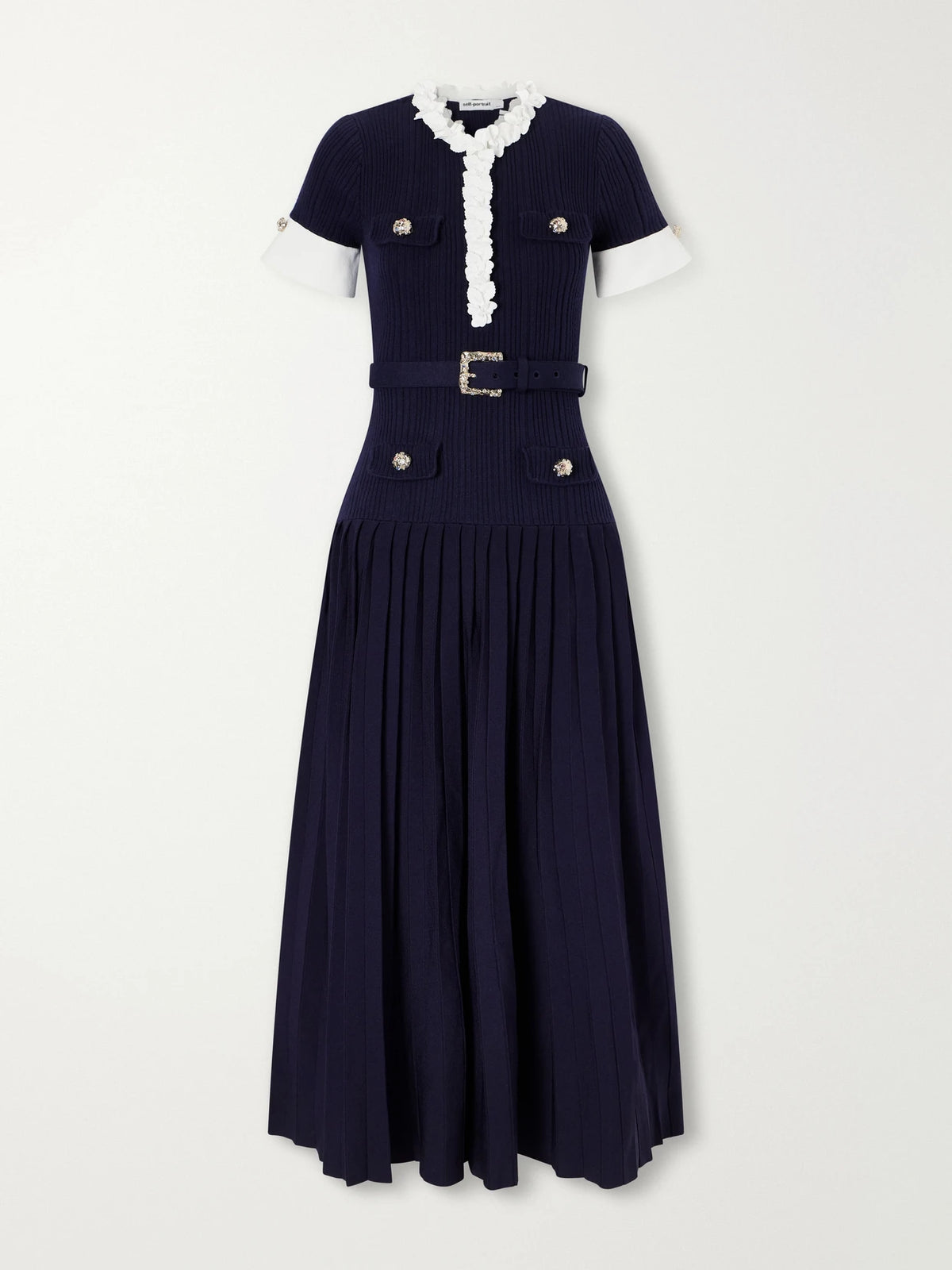 Self-Portrait Belted Floral-appliquéd Ribbed Midi Dress